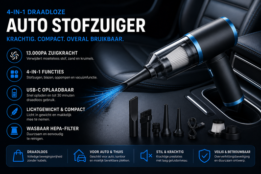 Premium 4-in-1 Draadloze Auto Stofzuiger – 13000Pa Krachtige Mini Handstofzuiger USB-C